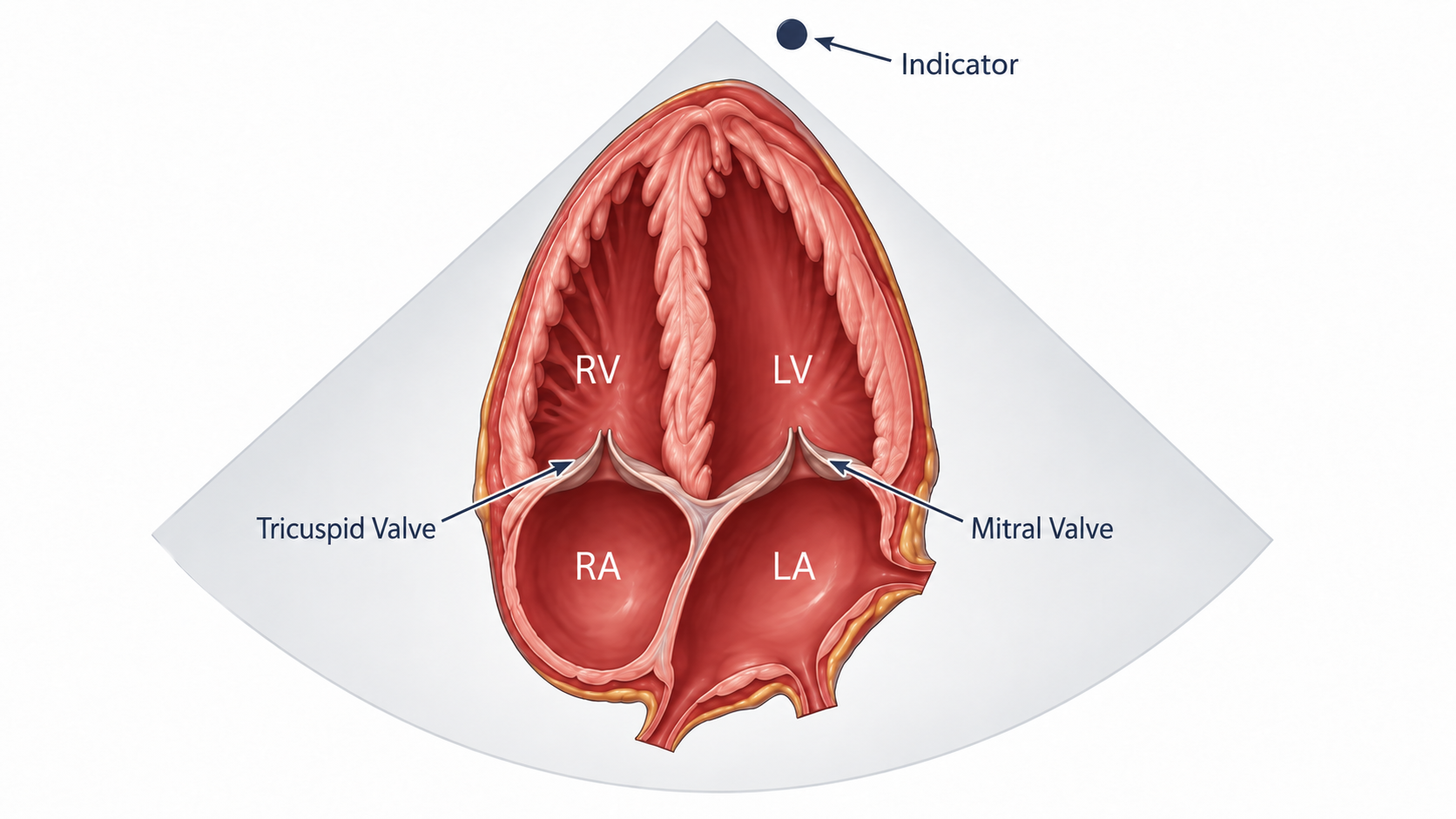 Corte cardíaco esquemático da janela apical de quatro câmaras com ventrículos direito e esquerdo, átrios direito e esquerdo e indicações das valvas tricúspide e mitral.