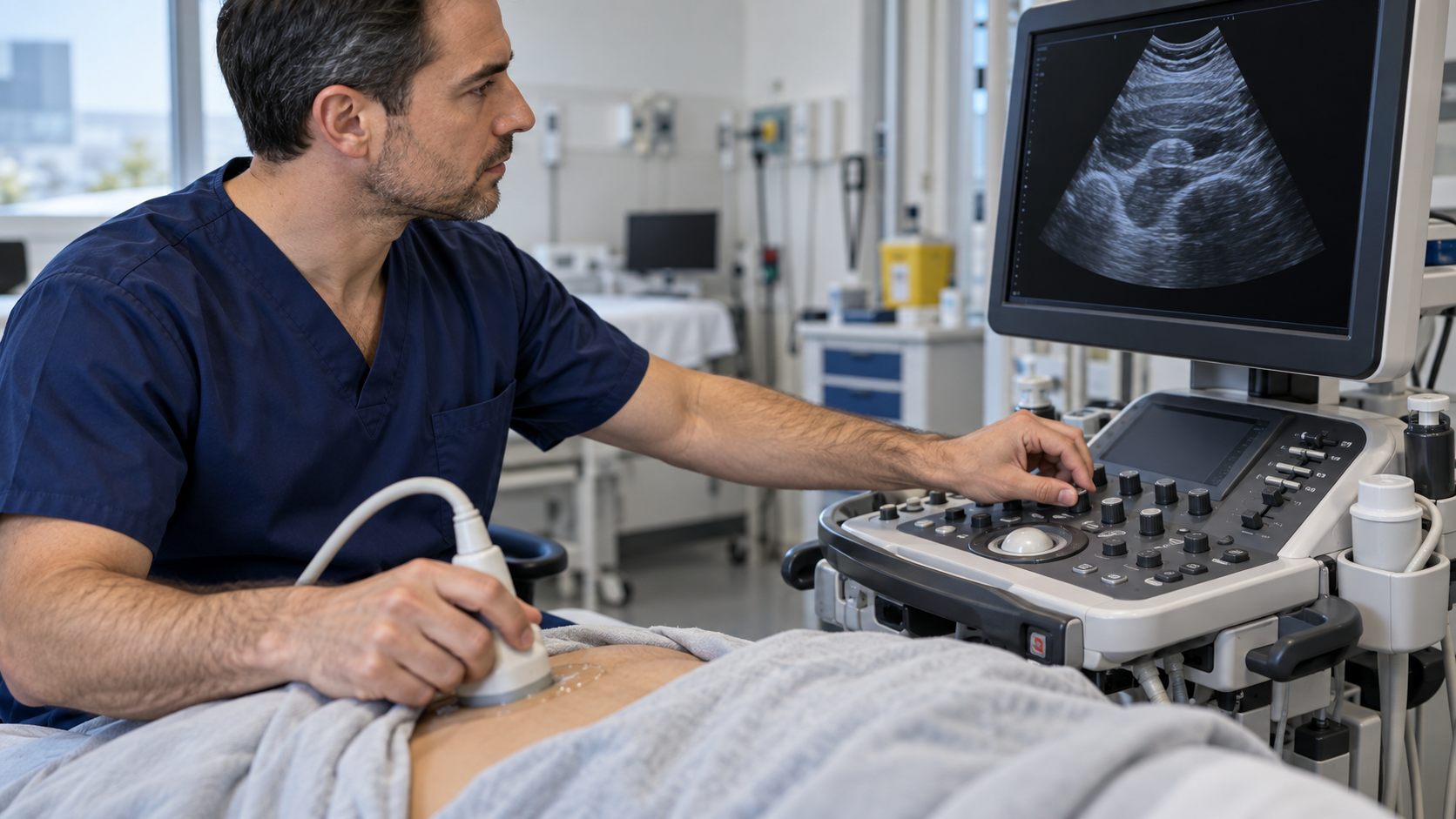 Médico ajustando os controles do aparelho de ultrassom enquanto mantém o transdutor sobre o paciente e observa a imagem na tela