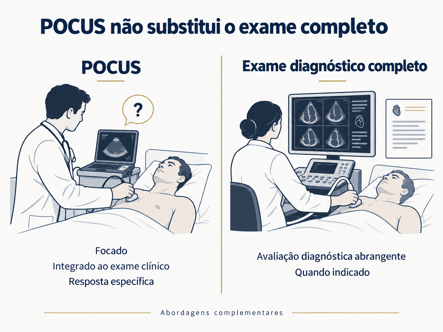 Infográfico comparando o POCUS focado à beira do leito com o exame diagnóstico completo, destacando diferenças de objetivo e abrangência.