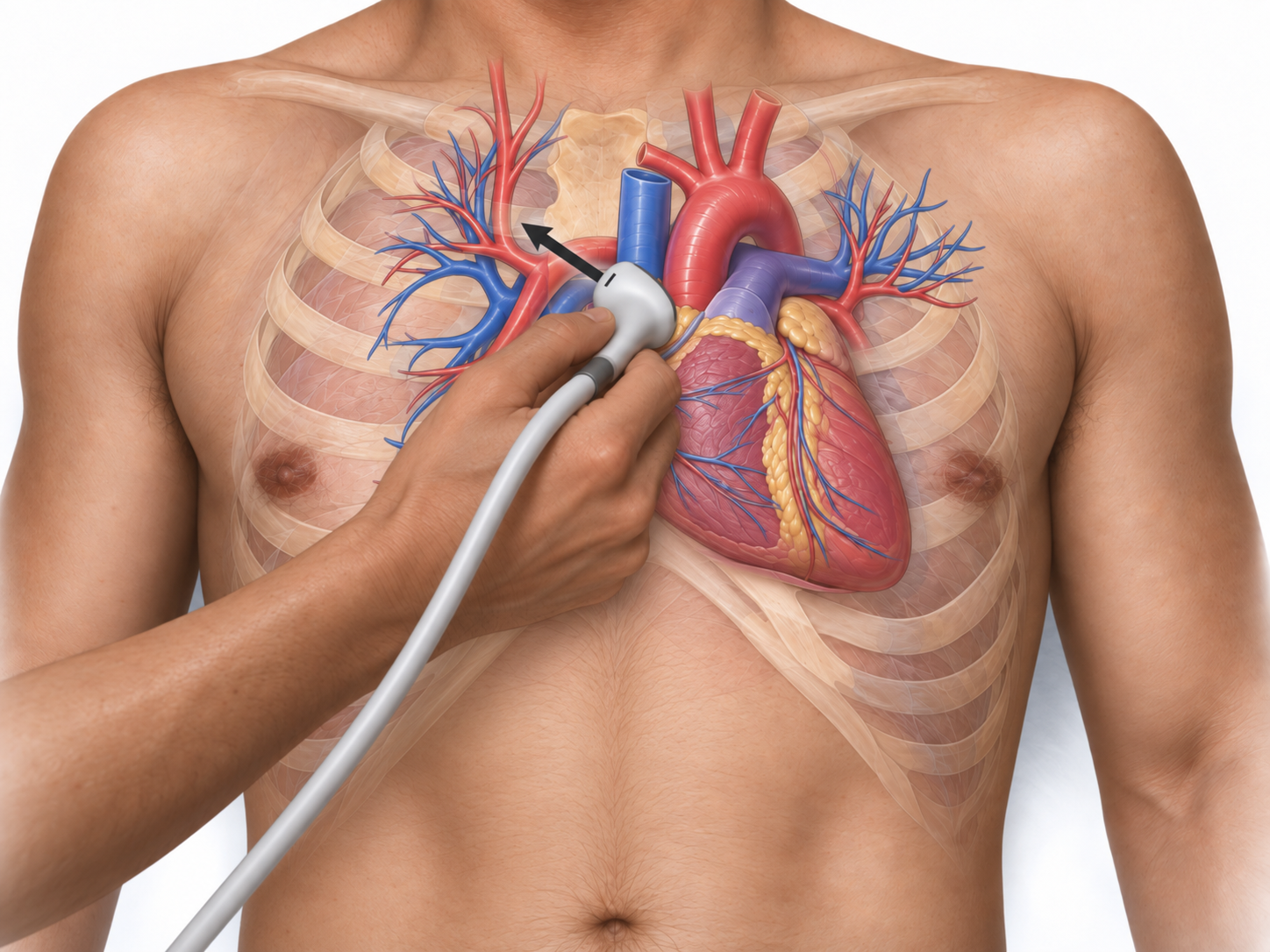 Transdutor cardíaco apoiado sobre a região paraesternal esquerda de um tórax com anatomia interna translúcida; seta aponta a orientação inicial do marcador para o ombro direito do paciente.