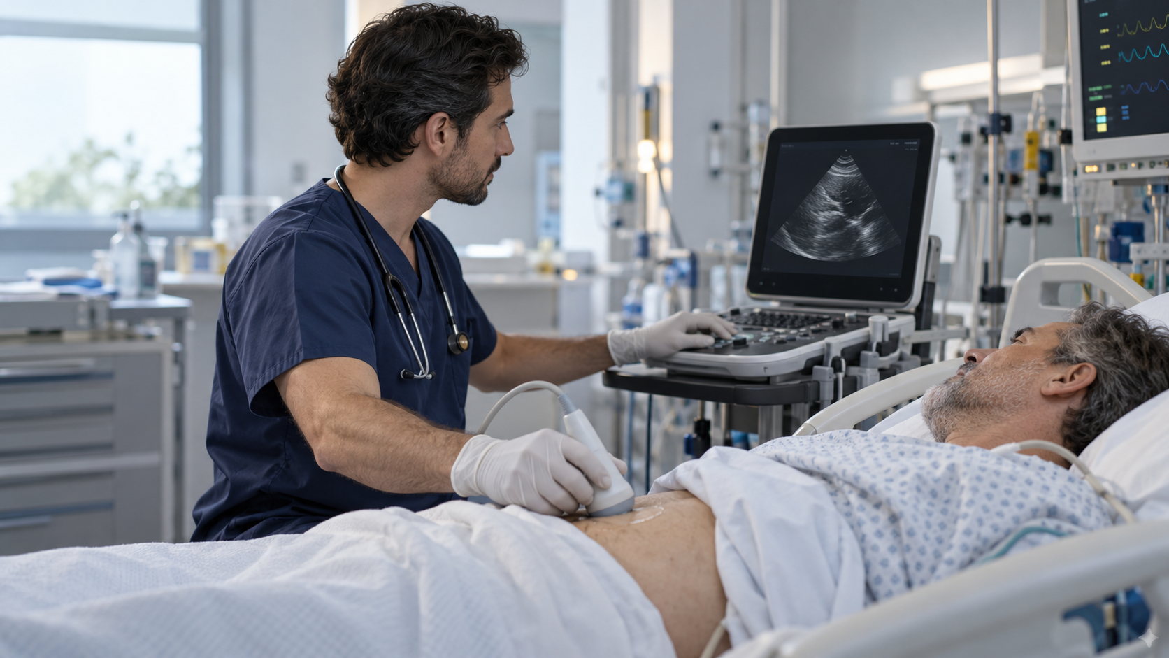 Médico realizando POCUS à beira do leito, integrando a imagem ultrassonográfica à avaliação clínica do paciente.
