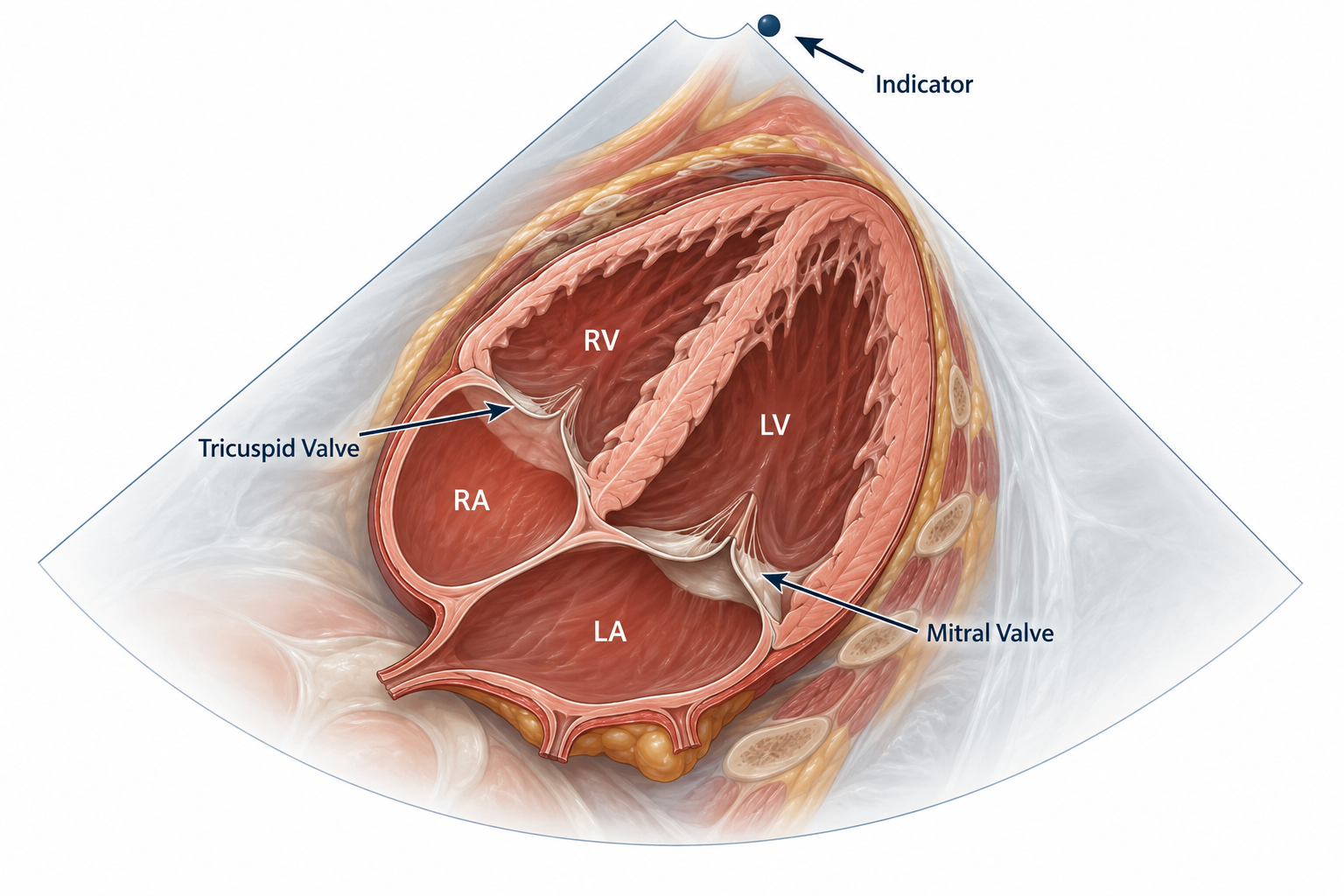 Corte anatômico esquemático da janela subcostal de quatro câmaras, com ventrículos, átrios e valvas tricúspide e mitral identificados em um setor ultrassonográfico.