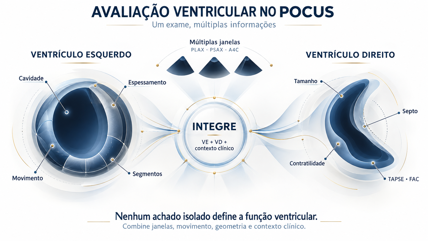 Fluxograma da metodologia POCUS para avaliação da função ventricular, da pergunta clínica à reavaliação.