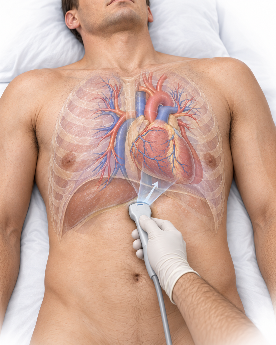 Paciente em decúbito dorsal com transdutor cardíaco apoiado imediatamente abaixo do xifoide; tórax parcialmente translúcido mostra fígado e coração e um plano de insonação ilustrativo orientado sob o rebordo costal.