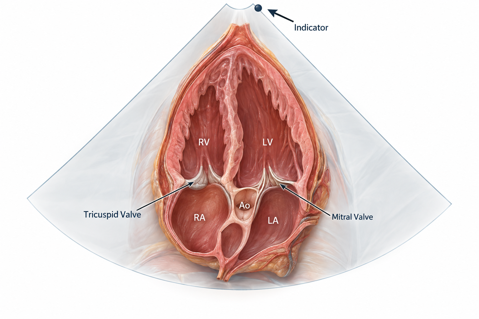 Ilustração esquemática da vista apical de cinco câmaras, com ventrículos, átrios, valvas atrioventriculares e aorta indicada próximo ao centro do plano.