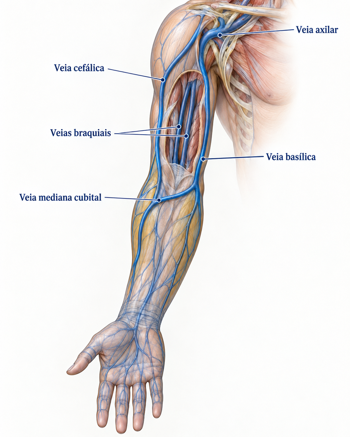 Anatomia das principais veias superficiais e profundas do membro superior relevantes para acesso vascular periférico.