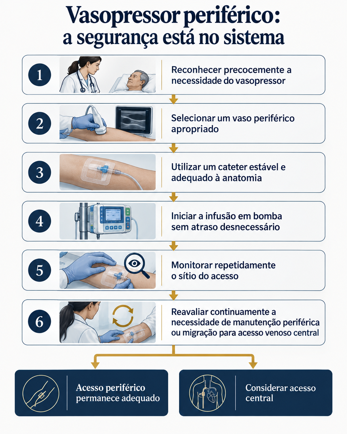 Fluxograma mostra os elementos necessários para administração segura de vasopressor por acesso periférico.