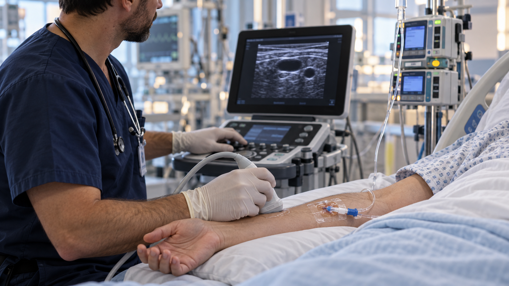 Médico utiliza ultrassom para avaliar acesso venoso periférico durante infusão em paciente crítico.